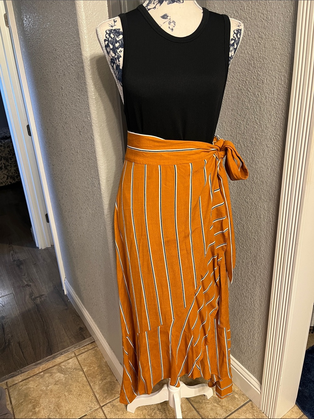 Leith Mustard Striped Wrap Midi Skirt